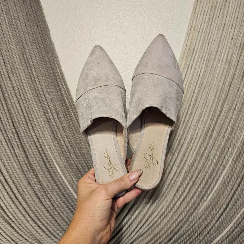 42 Gold Gray Suede Pointed Mules Sz 6